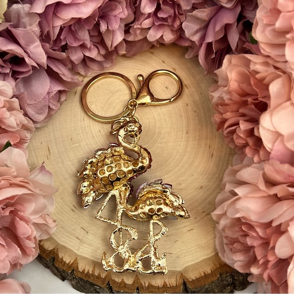 Whimsical Mother Baby Pink Crystal Flamingo Keychain Charm - Picture 14 of 16